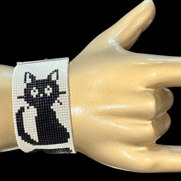 Hand Crafted Jewelry - Beaded loom black cat bracelet whimsical adjustable gift for cat lover cat mom
